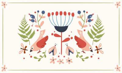 Folk art ready to use vector print in Scandinavian and Nordic style, hygge isolated design on white. Composition with classic ethnic elements. The scandi folk motif - mirror reflected birds flowers