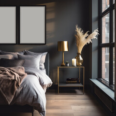 Moody luxury bedroom interior, Large window, interior mock-up with empty poster frames
