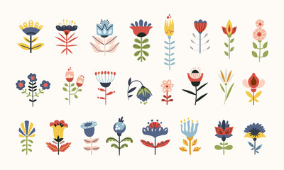 Folk flowers clip arts vector set in Scandinavian and Nordic style, hygge florals isolated designs on white. Collection of classic ethnic elements. Funny scandi folkloric botanical motifs © Maria Zamchiy 