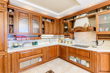 interior apartment kitchen and dining room, refectory area, cooking equipment, table furniture, stove