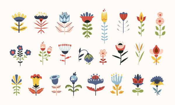 Fototapeta Folk flowers clip arts vector set in Scandinavian and Nordic style, hygge florals isolated designs on white. Collection of classic ethnic elements. Funny scandi folkloric botanical motifs