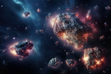  an artist's rendering of a cluster of rocks and debris in a space with a star cluster in the foreground and a cluster of rocks in the foreground.