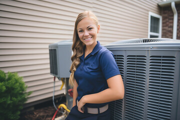 female worker portrait at air conditioner external unit, HVAC system