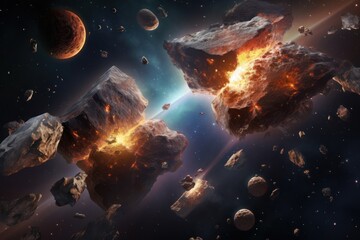  an artist's rendering of a space scene with rocks and planets in the foreground, and a distant star in the middle of the foreground, and a distant star in the foreground.
