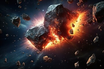  an artist's impression of a massive explosion of rocks and debris in a space with a star in the foreground and a distant view of a distant object in the foreground.