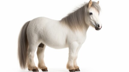 mini shetland pony with white fur and grey mane standing in front of a white background