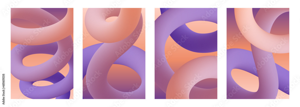 Aufkleber Dynamic curved lines. Set of abstract backgrounds with soft color gradient 3d curved line shapes for creative graphic design. Vector illustration.