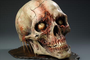  a close up of a fake human skull with blood on it's face and eyeballs on it's lower part of the skull 