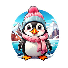 Sticker isolated cute penguin wearing a pink hat and scarf on arctic nature background. Transparent background. Generative AI