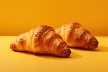  a couple of croissants sitting on top of a yellow table next to a cup of coffee on top of a yellow table next to each other croissant.