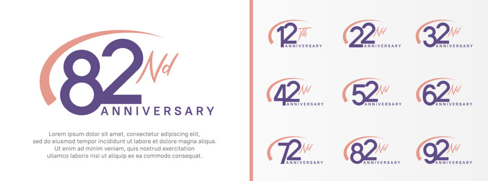 set of anniversary logo purple color number and pink swoosh on white background for celebration