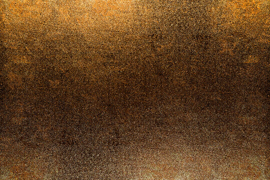 golden black glitter texture abstract banner background with space. Twinkling glow stars effect. Like outer space, night sky, universe. Rusty, rough surface, grain.