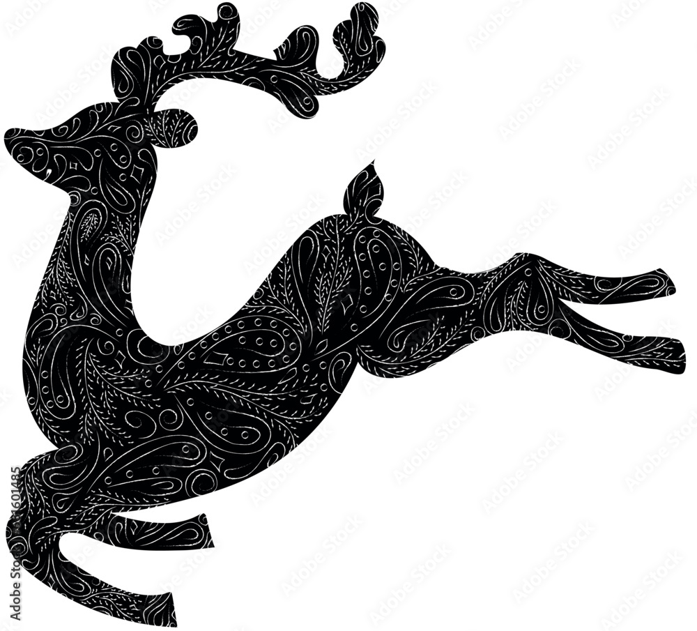 Fototapete Christmas. Leaping deer with patterns. Lineart with thin lines. Vector.