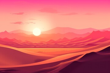  a painting of a desert landscape with mountains and the sun rising over the horizon with a pink and orange sky over the horizon is a distant horizon of the horizon.
