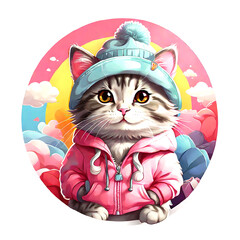 Sticker isolated cute cartoon kitty wearing a blue hat and pink jacket on nature background. Transparent background. Generative AI