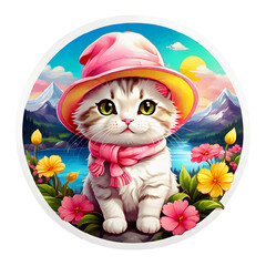 Sticker isolated cute cartoon kitty wearing a pink cap and scarf on nature background. Transparent background. Generative AI