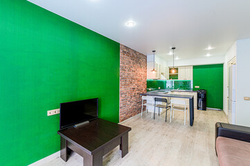 interior apartment kitchen and dining room, refectory area, cooking equipment, table furniture, stove