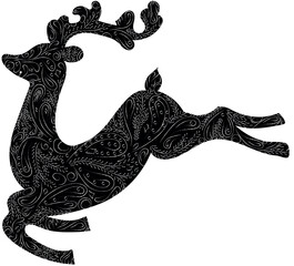 Christmas. Leaping deer with patterns. Lineart with thin lines. Vector.