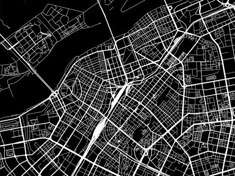Vector road map of the city of Harbin city center in People's Republic of China (PRC) with white roads on a black background.