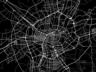 Vector road map of the city of Shenyang in People's Republic of China (PRC) with white roads on a black background.