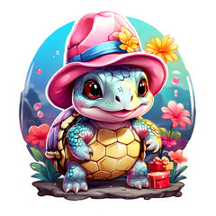 Sticker isolated cute turtle  wearing a pink hat on sea nature background. Transparent background. Generative AI