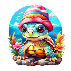 Sticker isolated cute turtle  wearing a pink hat on sea nature background. Transparent background. Generative AI