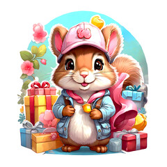 Sticker isolated cute cartoon squirrel  wearing a pink cap  and jacket with gift boxes. Transparent background. Generative AI