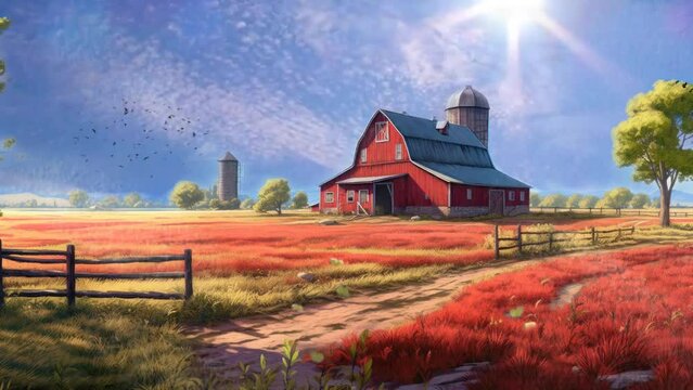landscape with a red barn farm house with cartoon  illustration style. seamless looping video animated background	