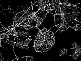 Vector road map of the city of Xiamen in People's Republic of China (PRC) with white roads on a black background.