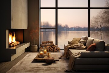 the large windows frame a sofa and wood burning fire place Generative AI - obrazy, fototapety, plakaty