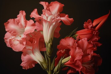  a close up of a bouquet of flowers on a black background with red and white flowers in the middle of the image and a black background with a black background.