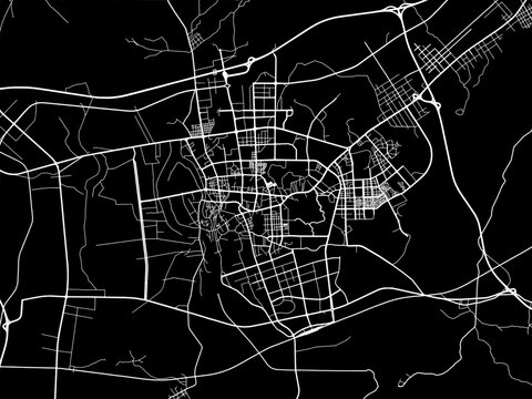Vector road map of the city of Yangjiang in People's Republic of China (PRC) with white roads on a black background.