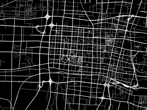 Vector road map of the city of Zibo in People's Republic of China (PRC) with white roads on a black background.