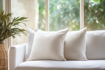 Close-up of a bright sofa with pillows