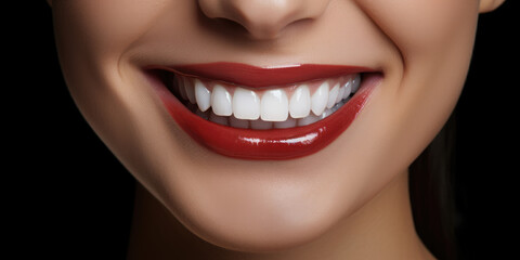 Banner with close-up of a beautiful smiling woman with white perfect teeth isolated on dark black.