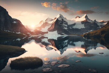 Lake in the mountains. Snowy mountains. AI generated