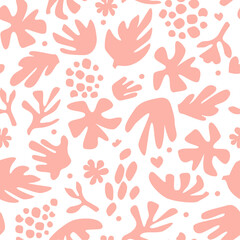 Fototapeta na wymiar Seamless pattern with abstract floral ornament with silhouettes of flowers, leaves, branches. Vector graphics.