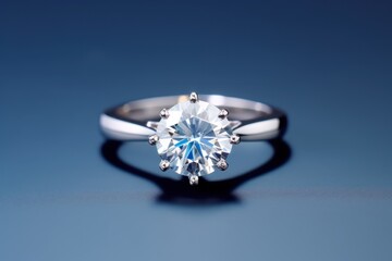  a close up of a ring with a diamond in the middle of the ring on a blue background with a reflection of the diamond in the middle of the ring.