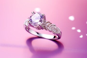  a close up of a ring with a pink diamond on a purple and pink background with bubbles of light coming from the top of the ring and around the ring.