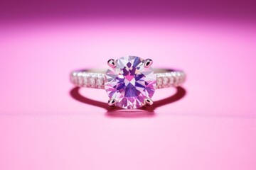  a close up of a ring with a pink diamond in the middle of the ring, on a pink background, with a reflection of the ring in the middle of the ring.
