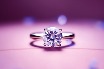 a close up of a ring with a diamond in the middle of the ring, on a pink surface with boke of light around the ring and blurry background.