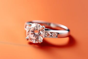  a close up of a ring with a diamond on top of an orange background with a reflection of the ring on the side of the ring and a diamond on the other side of the ring.