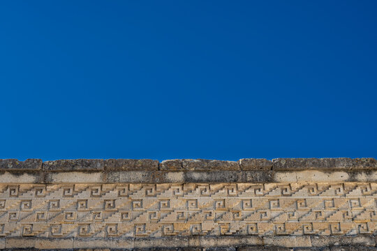 Ancestral architecture of the pre-Columbian city of Mitla in the state of Oaxaca. Aesthetic architecture of Mitla in Oaxaca. Travel and vacation concept