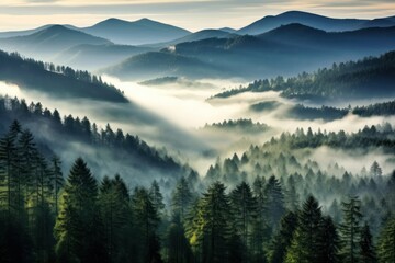  a forest filled with lots of green trees covered in a layer of fog and smoggy clouds above a forest filled with lots of tall, green pine trees.