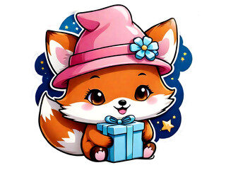 Sticker isolated cute fox wearing a pink hat with gift boxes. Transparent background. Generative AI