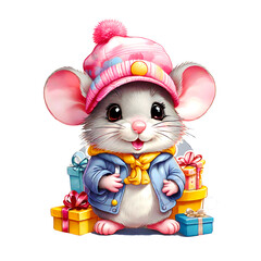 sticker isolated cute mouse wearing a pink hat  and jacket with gift boxes. Transparent background. Generative AI