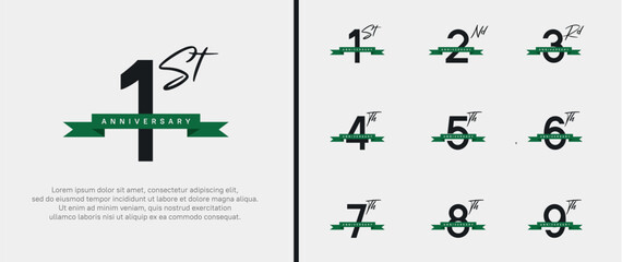 set of anniversary logo black color number and green ribbon on white background for celebration