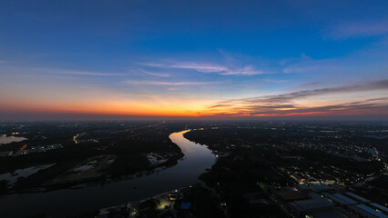 panorama high angle view, rural scene, Tha Chin River with blue sky at Twilight,