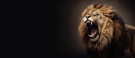 imposing lion baring its fangs and roaring powerfully, symbolizing the fierce arrival of a season filled with wild discounts and sales - obrazy, fototapety, plakaty