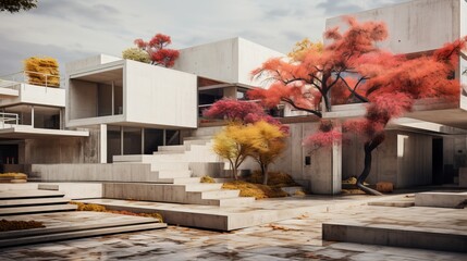 Lightweight concrete building in cubist shape with colorful autumn trees and blue sky in the background.